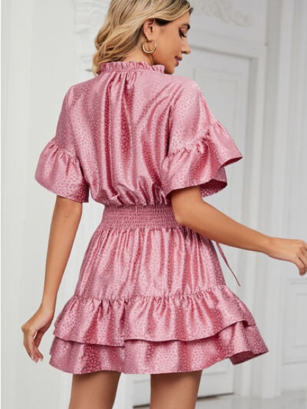 Umgee Rose Pink Satin Tiered Ruffle Mini Dress - Picture 4 of 4